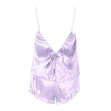 

CAICJ98 Satin Pajamas Women Women Casual Sleepwear Set Floral Print V Neck Set Camisole Top Ruffle Short Pajama Loose Set Home Set Purple XL