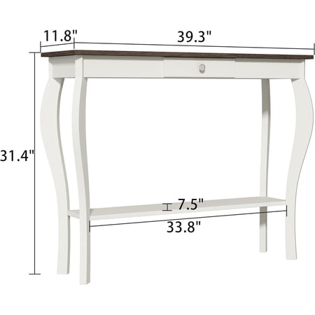 ChooChoo Narrow Farmhouse Console Table with Drawer, Chic Accent Sofa Entryway Table with Shelves for Entryway, Living Room, Hallway, Antique White & Brown