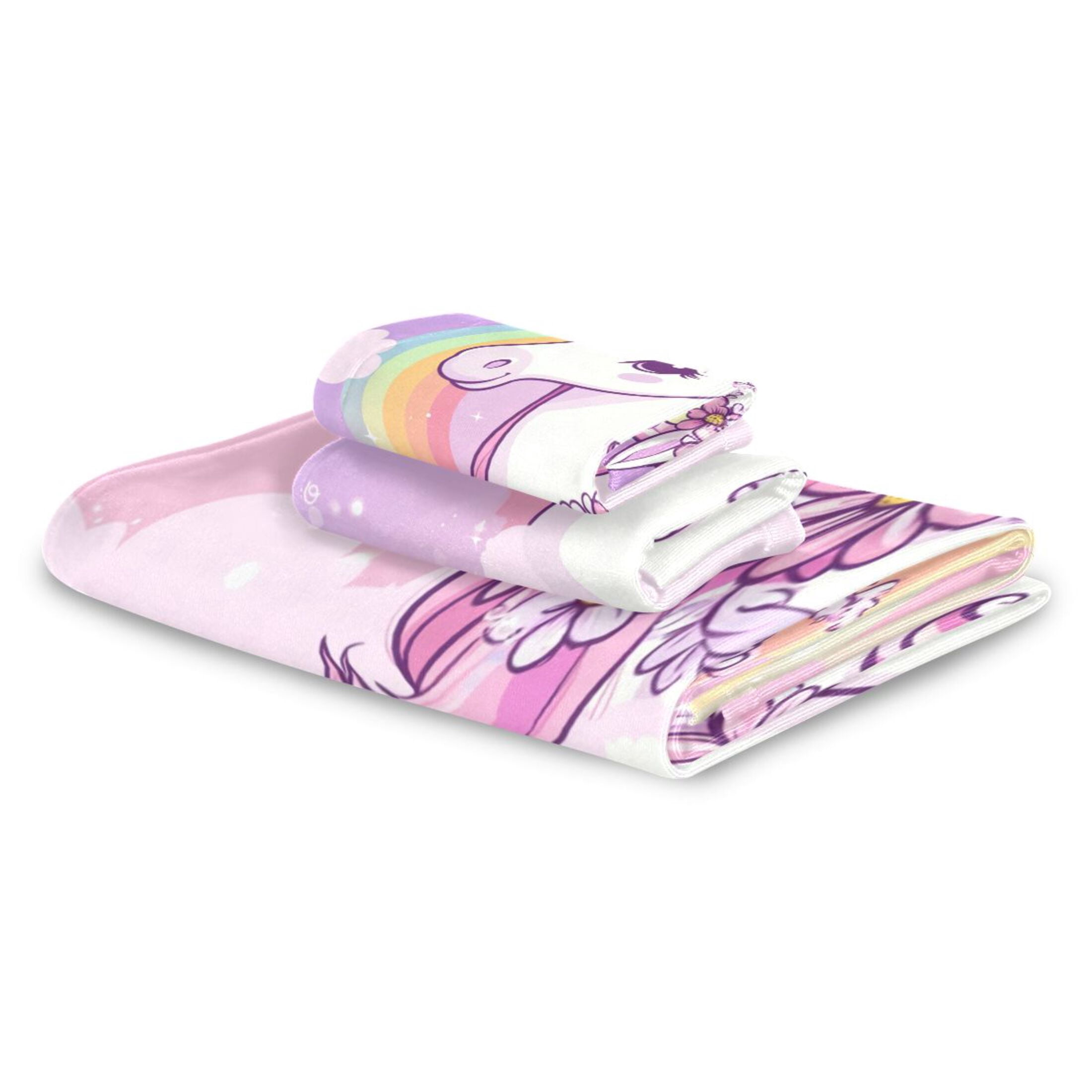 WOBOGO Rainbow Pony Ultra Soft 3 Pack Cotton Towel Set Includes 60 x 30in Bath Towel 28 x 16in Face Towel and 13 x 13in Small Square Towel for Everyday Use Lightweight and Compact