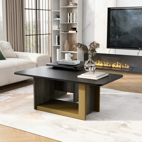Harper & Bright Designs Modern Black Coffee Table Set of 2, Wood Center Table with End Table, Square Coffee Table with Storage for Living Room