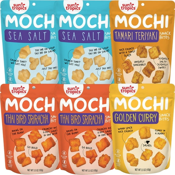 Sun Tropics MOCHI Snack Bites, Variety 6-pack: Sea Salt (2 packs, 3.5oz), Thai Bird Sriracha (2 packs, 3.5oz), Tamari Teriyaki (1 pack, 3.5oz), Golden Curry (1 pack, 3.5oz)