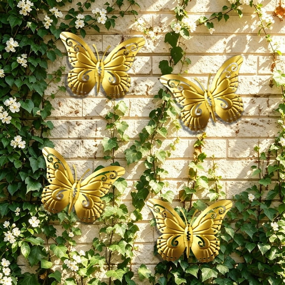 Ouuluon Butterfly Wall Decor Cute Art Butterfly Ornament, Gold 9x7in Hanging Decoration for Outdoor Fence Garden Courtyard Balcony Decor