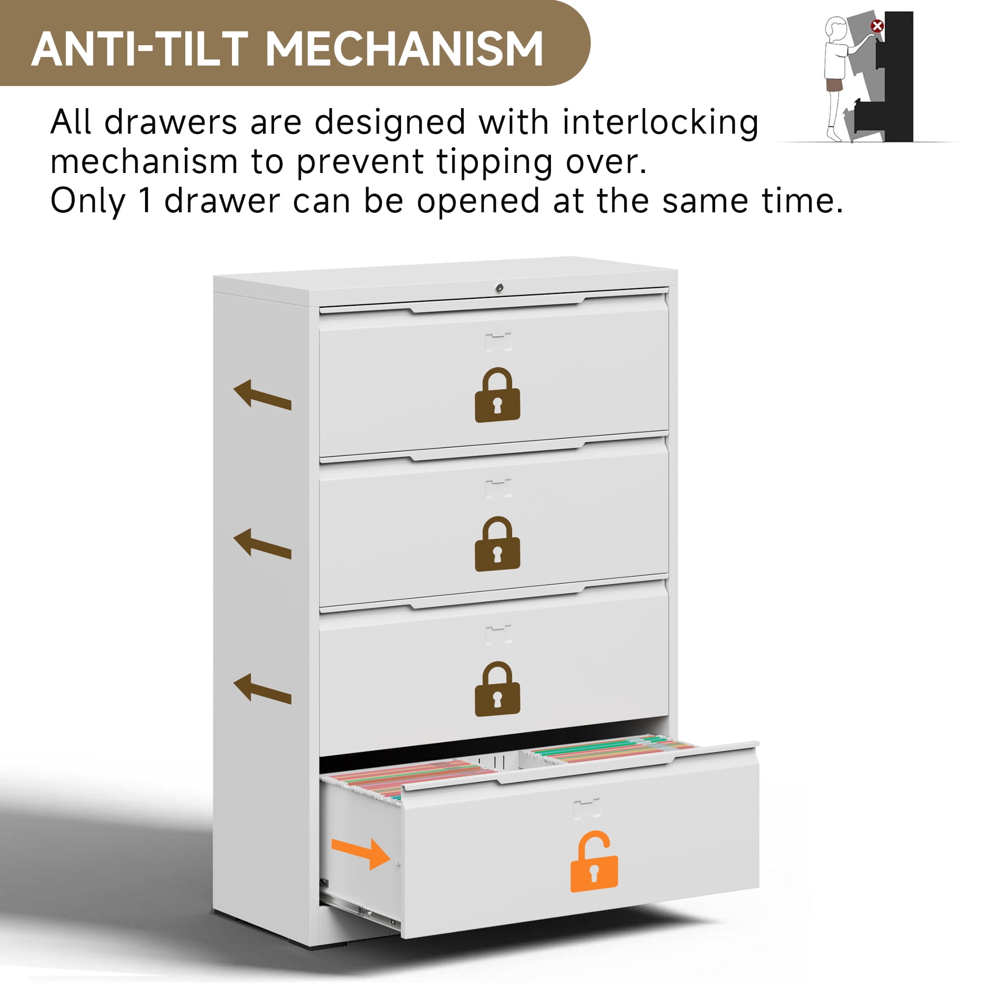 Coolsun Metal Lateral File Cabinet, 4 Drawer File Cabinet with Lock, Wide Filing Cabinet for Home Office, Locking Storage Cabinet for Hanging A4/F4/Letter/Legal, Assembly Required (White, 4 Drawer)