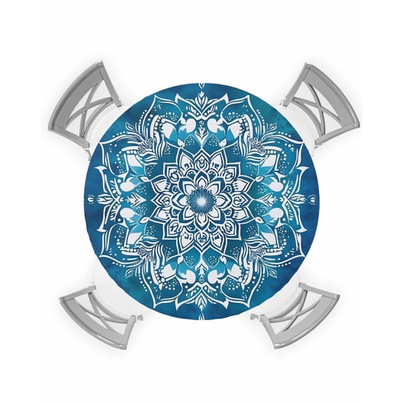nqOlkjepod Teal Green Boho Round Tablecloth, Fitted Table Cover with Elastic for 55"-60" Round Tables, Abstract Floral Modern Ethnic Tribal Table Cloth Outdoor Dinning Party Waterproof Tablecloths