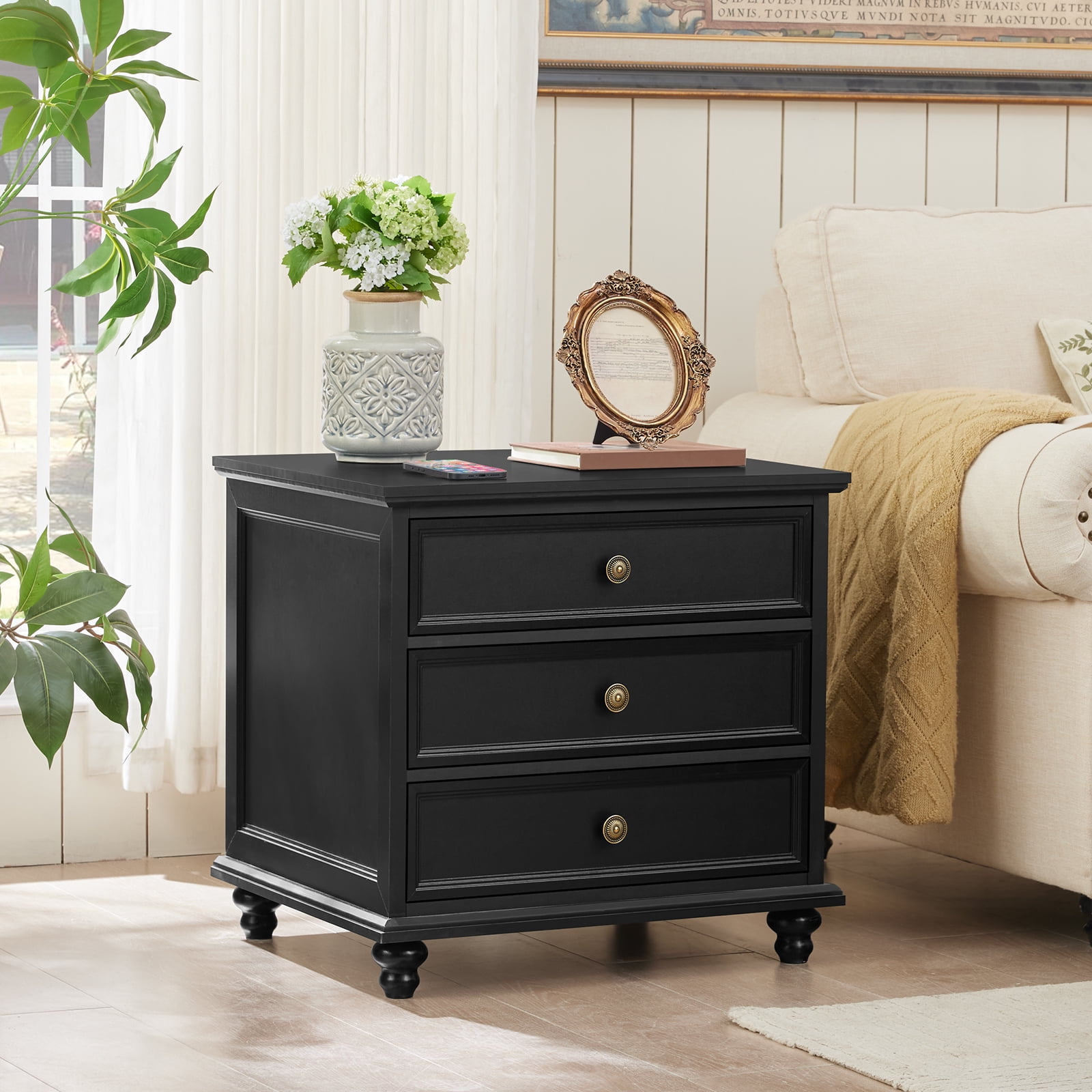 Joaxswe Farmhouse Night Stand, End Table with 3 Drawers & Metal Handle, Black Dresser for Bedroom, Bed Side Table Chest of Drawers Cabine for Living Room,Closet