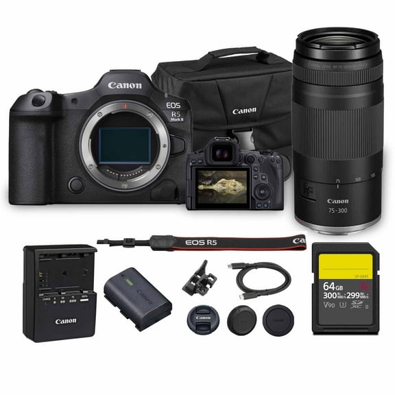 Canon EOS R5 Mark II Mirrorless Camera | 45MP Full Frame Sensor 8K Video Recording | Advanced IBIS Autofocus for Professional Creators (6536C002)   Canon RF 75-300mm Lens   64GB Card   Bag