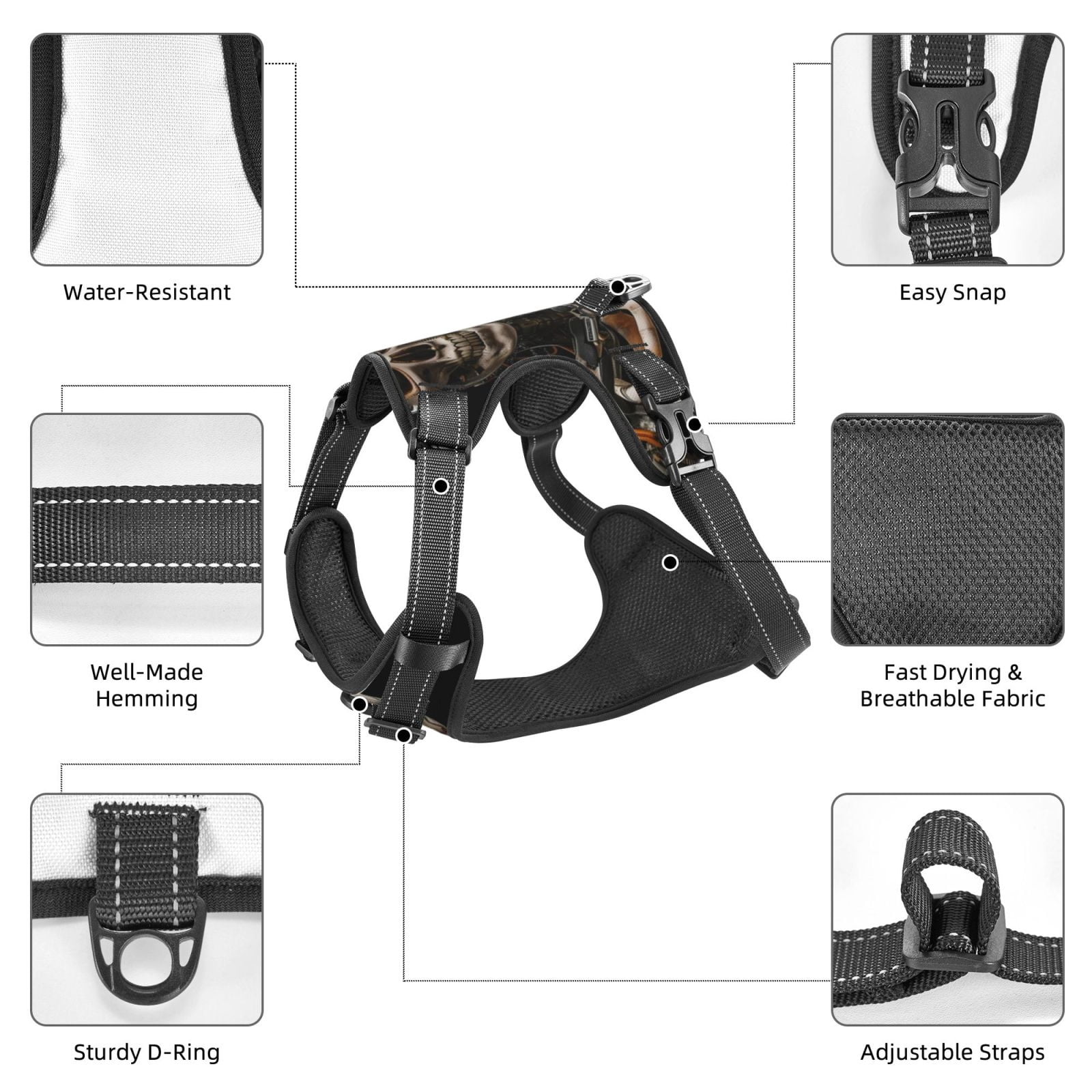 Fuzoiu Cyber Skeleton With Tattoos Print Reflective Dog Harness,Adjustable, Breathable Pet Vest,Dog Harness No Pull,No Choke Pet Vest for Small, Medium, and Large Dogs-Large
