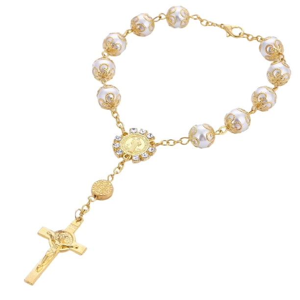 Pulsera De Cuentas Cruz Rosario Pulsera Cuentas De Vidrio Joyería Centro Religioso Regalo De Joyería Con Flor Y Bolsa De Almacenamiento Noticed AP005866-00