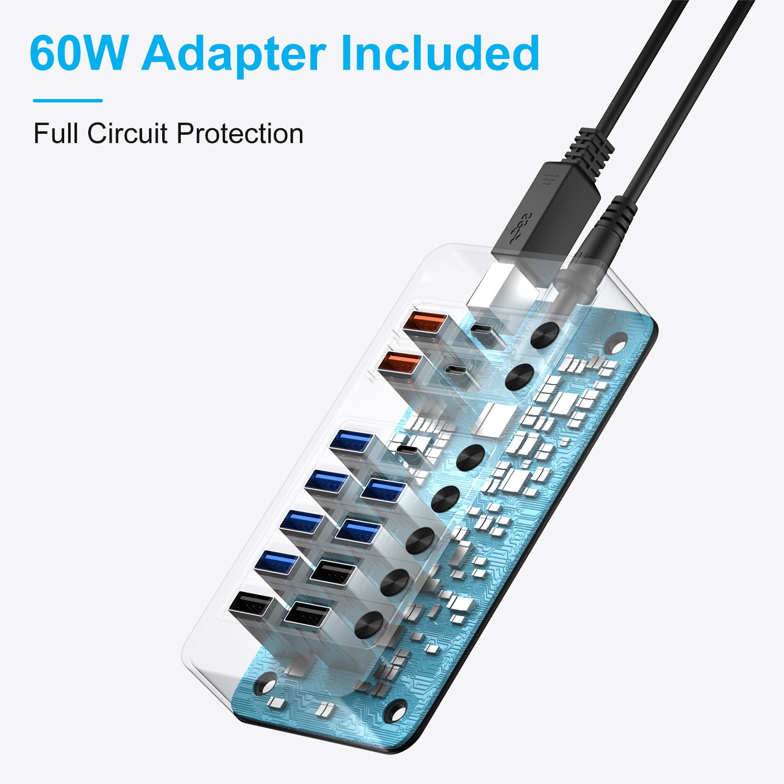 14-in-1 Powered USB Hub with 60W PD Charging, 6 USB 3.0 Ports, 4 Fast-Charging Ports, 1 USB-C 3.0 Data Port & LED Switches for Laptop, Phone, Tablet