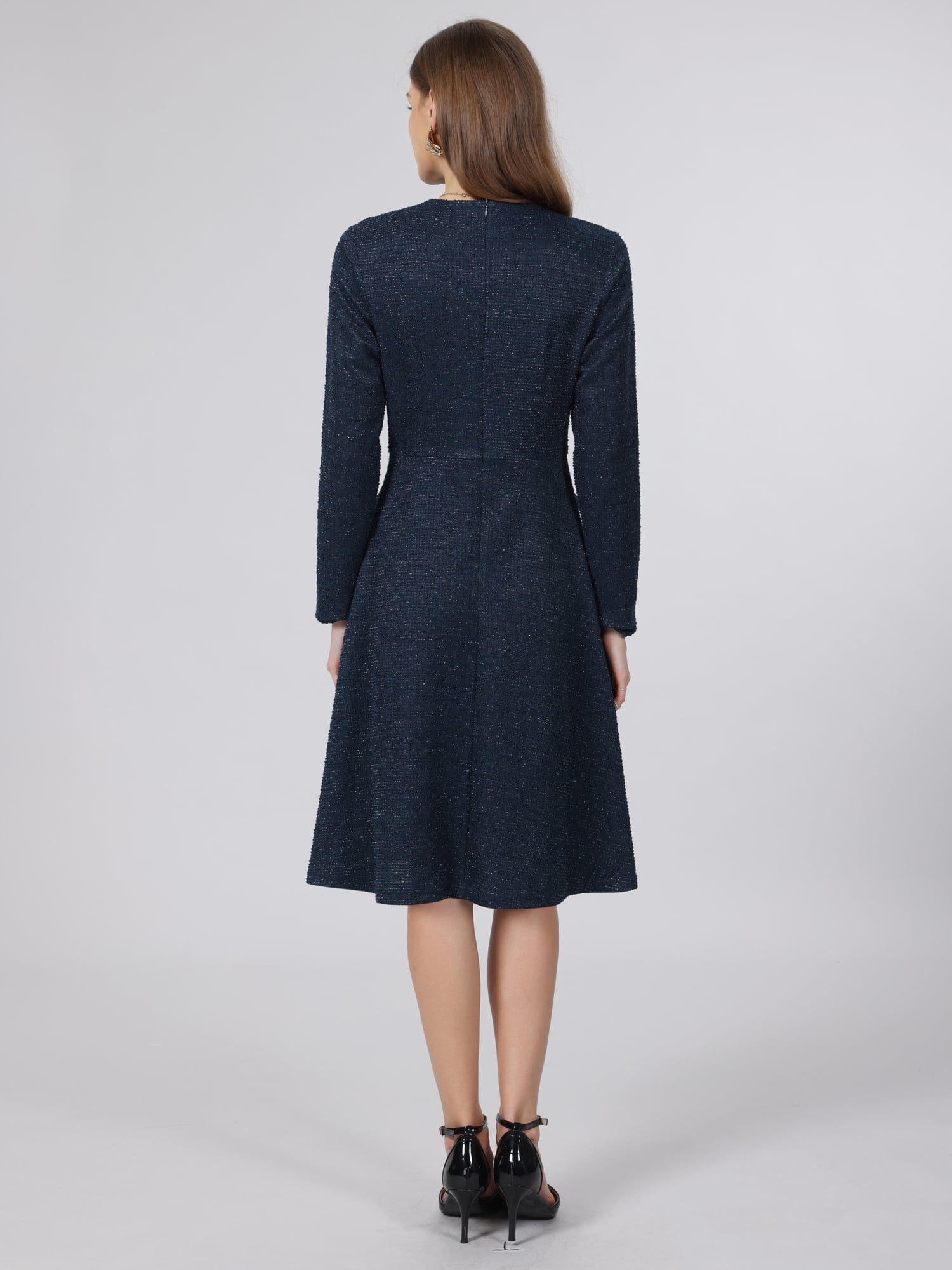 DARING DIVA Women's Tweed Long Sleeves Crew Neck A-Line Design Dress M Navy Blue