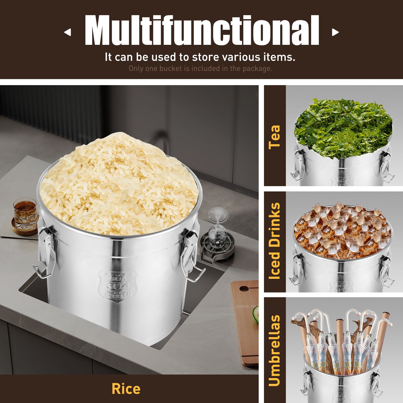 33L Stainless Steel Cylinder Airtight Canister Kitchen Storage Bucket Dry Food 7.26gal Container