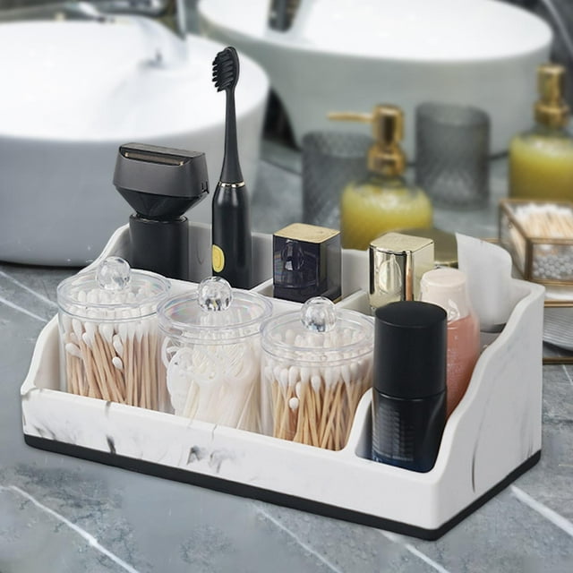 Organizador de baño con orificios de drenaje, práctico organizador de tocador multiusos, 5 compartimentos, soporte de resina para cepillos de dientes. Blanco