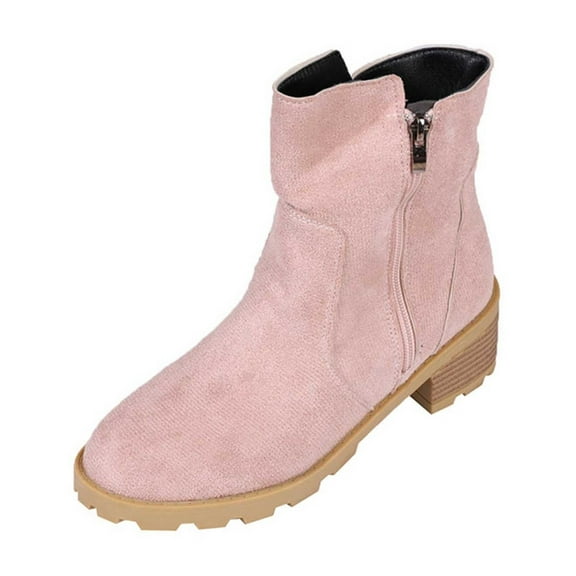Nrmvnmi 2024 Women's Middle Heels Ankle Boots Closed Toe Vintage Chunky Mid-Heel Trendy Faux Suede Round Toe Ankle Boots Pink Mothers Day Gifts