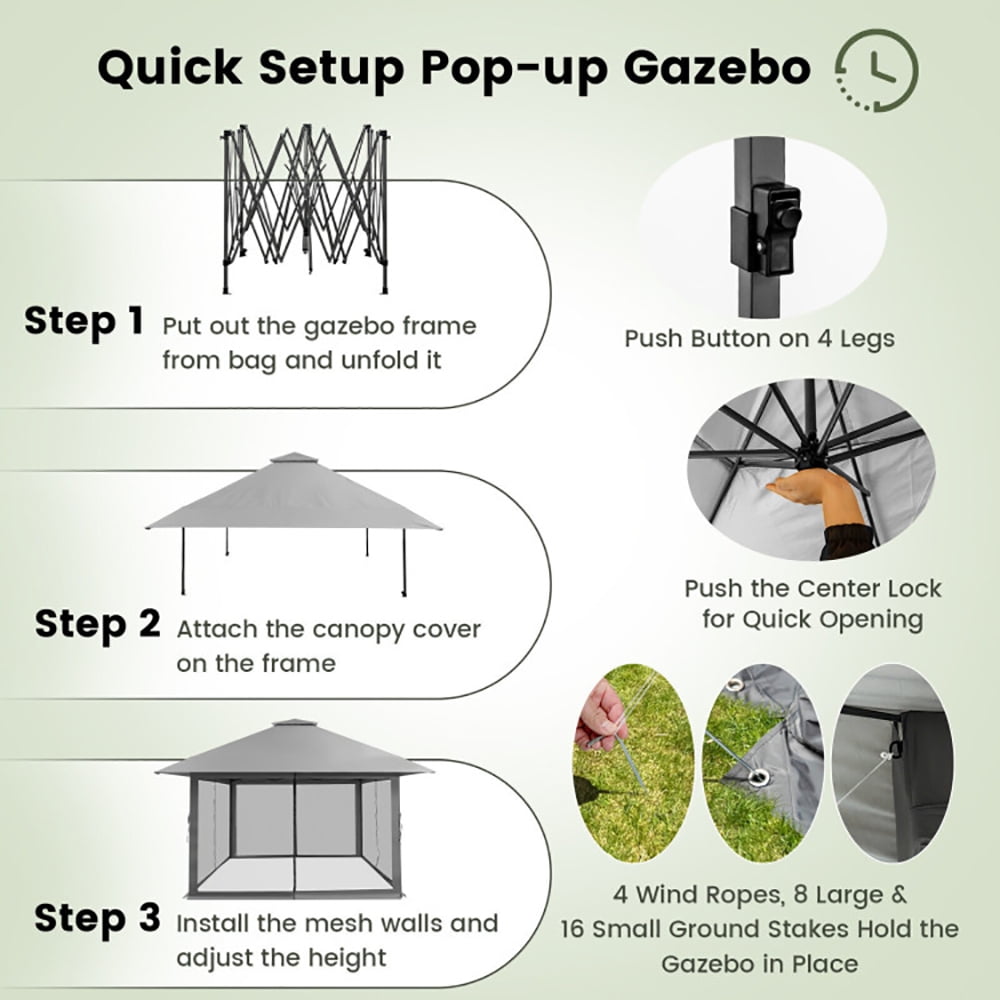Aimee Lii 13 x 13 Feet Pop-up Instant Canopy Tent with Mesh Sidewall, Backyard Canopy Gazebo for Party Camping BBQ Events, Gray