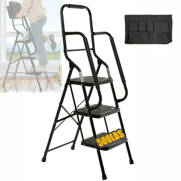 3 Step Ladder with Handrails, Step Stool Folding Ladders with Tool Bag, Little Giant Ladder, Ladders for Home, Heavy Duty Step Ladder with Non-Slip Wide Pedal, 500LBS Portable Safety Stairs