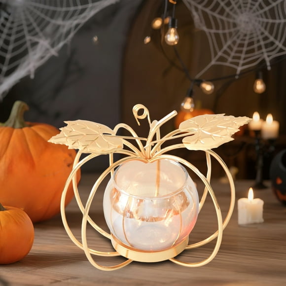 XYAIYT Porte-Bougie en Métal Citrouille Décorations d'Halloween Lumière Intérieure Ombre Lanterne en Fer avec Accents de Feuilles Texture Longue Durée pour Centre de Table de Fête à la Maison Fenêtres 4.7x4.7x4.3in Or