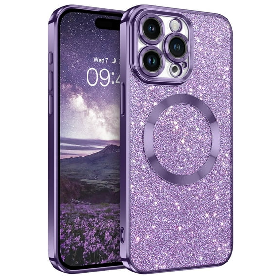 DOMAVER iPhone 15 Pro Max Case 6.7" - Magnetic Clear Glitter Cover, MagSafe Compatible, Shockproof Protective with Camera Lens Protector (Purple)