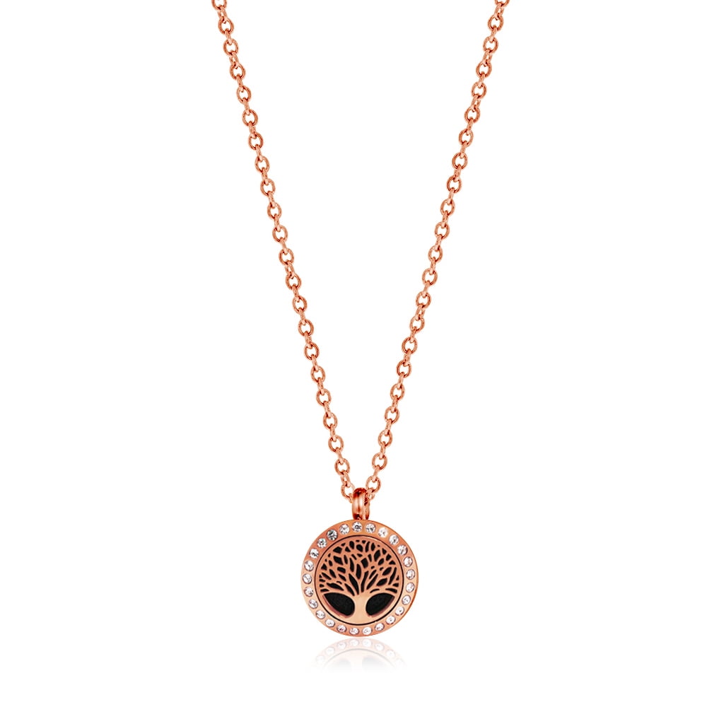 Anavia Tree of Life Essential Oil Diffuser Rhinestone Necklace & Organic Gift for Her Fiancee Girlfriend Aromatherapy Gift for Wife Jewelry Gift Set Rose Gold Necklace & Lavender Oil