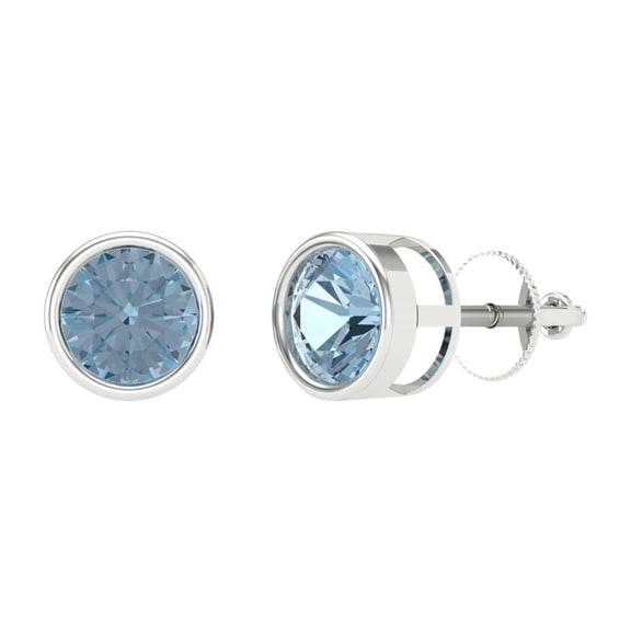 2 ct Screw-Back Stud Earrings for Women | 6.5mm Round Cut Natural Aquamarine | 18K White Gold