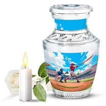 JAGASY Baseball Small Urn for Sister, Blue Urns for Human Ashes Keepsake, Blue Sky Clouds Baseball Stadium & Grassy Field Decorative Urns for Friends, Tiny Cremation Urn for Brother, (3 Inch)
