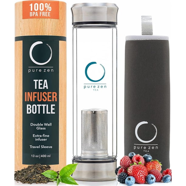 Vaso de té Pure Zen con infusor – Taza de té de viaje de vidrio de doble pared con filtro de acero inoxidable – Botella infusora de té a prueba de fugas con colador para té de hojas sueltas y agua de