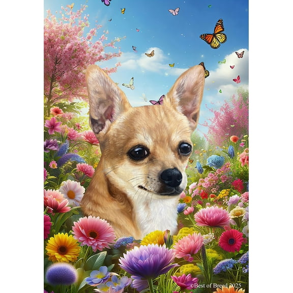 Chihuahua Tan Smooth - Best of Breed Spring Butterfly Outdoor Garden Flag 12" x 17" Mailbox Flag
