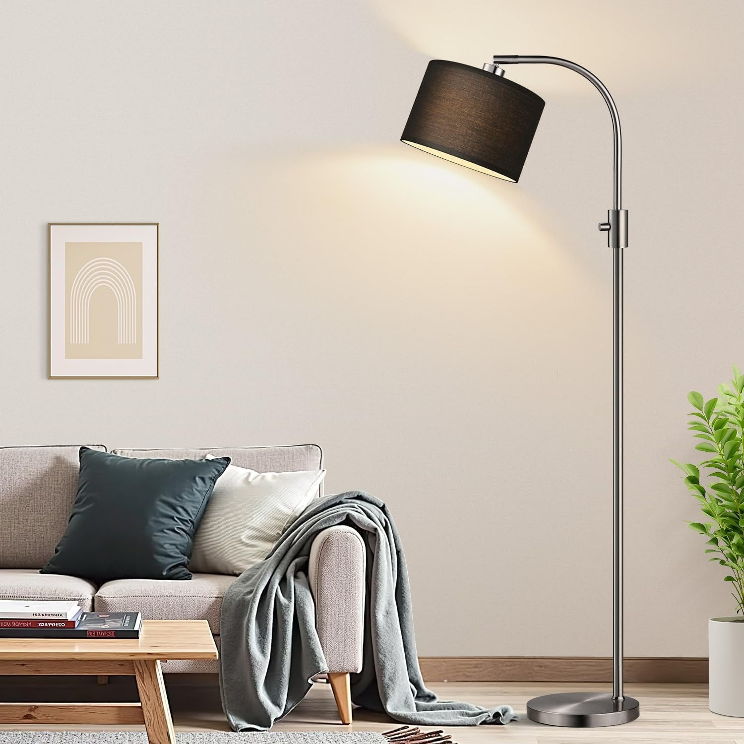 Dimmable Tall Standing Floor Lamp with Black Shade, 1200 Lumens LED Bulb Included, for Living & Reading Room, Bedroom, Office, Brushed Nickel