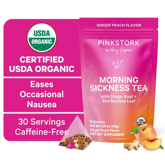 Pink Stork Organic Morning Sickness Pregnancy Herbal Tea, Prenatal Support, 15 Sachets, 30 Cups