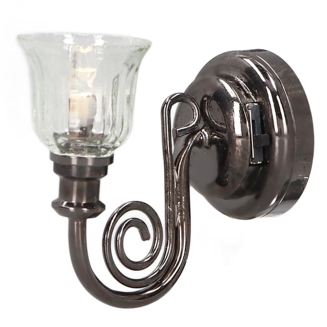 Lámpara de pared para casa de muñecas 1:12, iluminación LED cálida, aplique de pared en miniatura de Metal con apariencia Vintage para casa de muñecas con batería