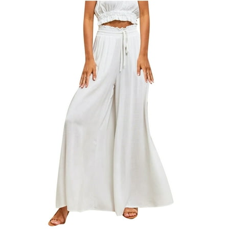 

Dadaria Wide Leg Pants for Women Petite Length Solid Button with Pocket Elastic Waist Long Pants White S Female