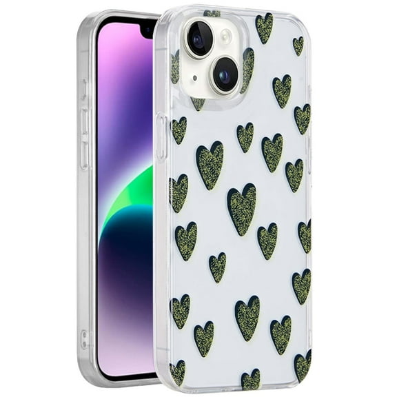 For Apple iPhone 15 Fashion Layer Design Slim IMD TPU Protective, Shockproof Hybrid Stylish Durable Hard PC Cover, XPM Phone Case [Black Green Hearts]
