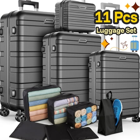 11-Piece Hardside Luggage Set with Packing Cubes, Lock & Dual 360° Spinner Wheels Suitcases, Lightweight checked Carry on Lugagge Set 20, 24 and 28 Inch Sizes, Black