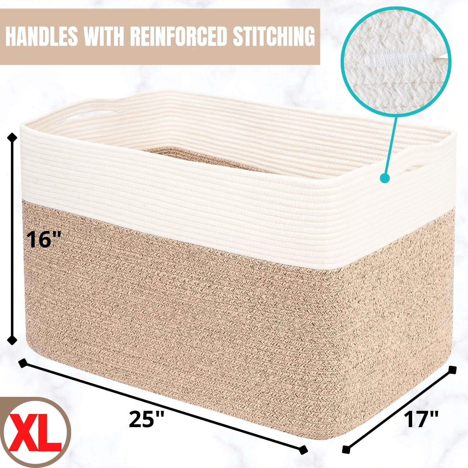 Rectangle Rope Woven Storage Basket Light Brown 112L For Laundry, Towels, Blankets