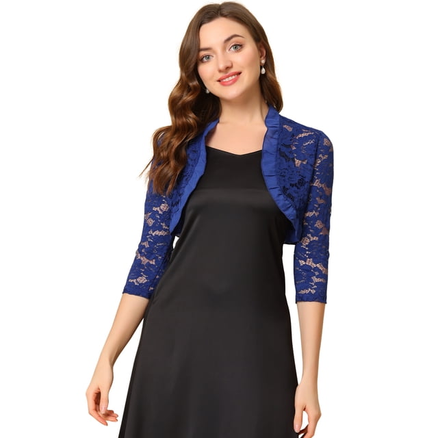 INSPIRE CHIC Women's Elegant Ruffle Collar Front 3/4 Sleeve Lace Shrug Top