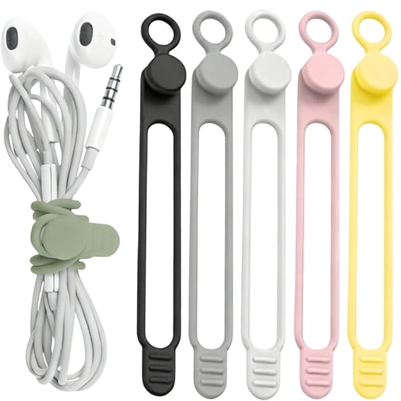 6 Pack 4.2 Inch Silicone Cable Ties – Fenull 2026 New Elastic Data Cable Organizer, Reusable Straps for Earphone & Phone Charger, Black, White, Gray, Pink, Yellow & Green