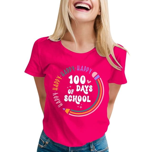 Liquidation! T-shirts Graphiques pour Femmes Uooqdmx, T-Shirt 100 Jours d'École, T-Shirts de Rentrée Scolaire, T-Shirt 100 Jours d'École T-Shirts d'Enseignant Joyeux 100e Jour, T-Shirts d'Enseignant, Rose Vif G