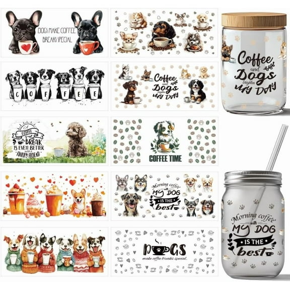 10 Pcs Cute Dog UV DTF Transfer Sticker 10 Styles Coffee Cartoon Transfer Paper Rub on Stickers PVC Cup Wrap Waterproof Rub Decals for Cup Glass 24x11cm/9.4x11inch for diy