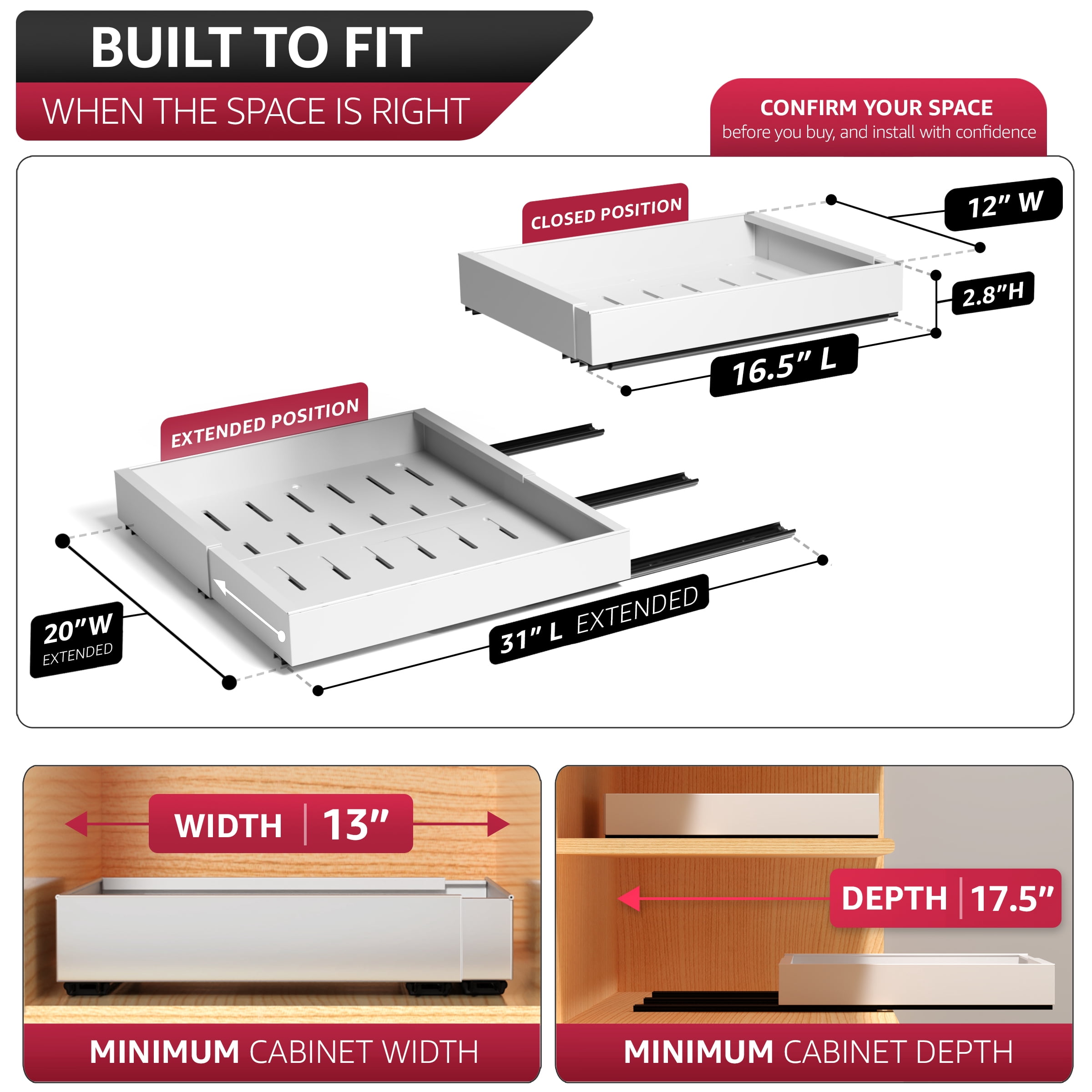 Sorbus Pull-Out Sliding Storage Rack, No-Drill Adjustable Shelf, Metal Grid Drawer, White, 2 Pack