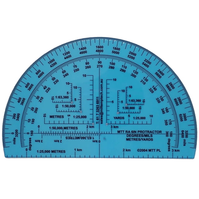MTT PL - RA 6IN Protractor with Degrees and mils, Graduated in Meters and Yards for Angle Measurements and map Plotting for Outdoor Navigation, Hiking, Orienteering and Survival.