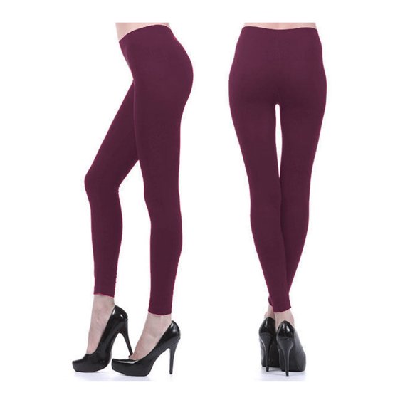 Seamless Leggings Fleece Lined Thick Tight Warm Winter Footless Pants Burgundy