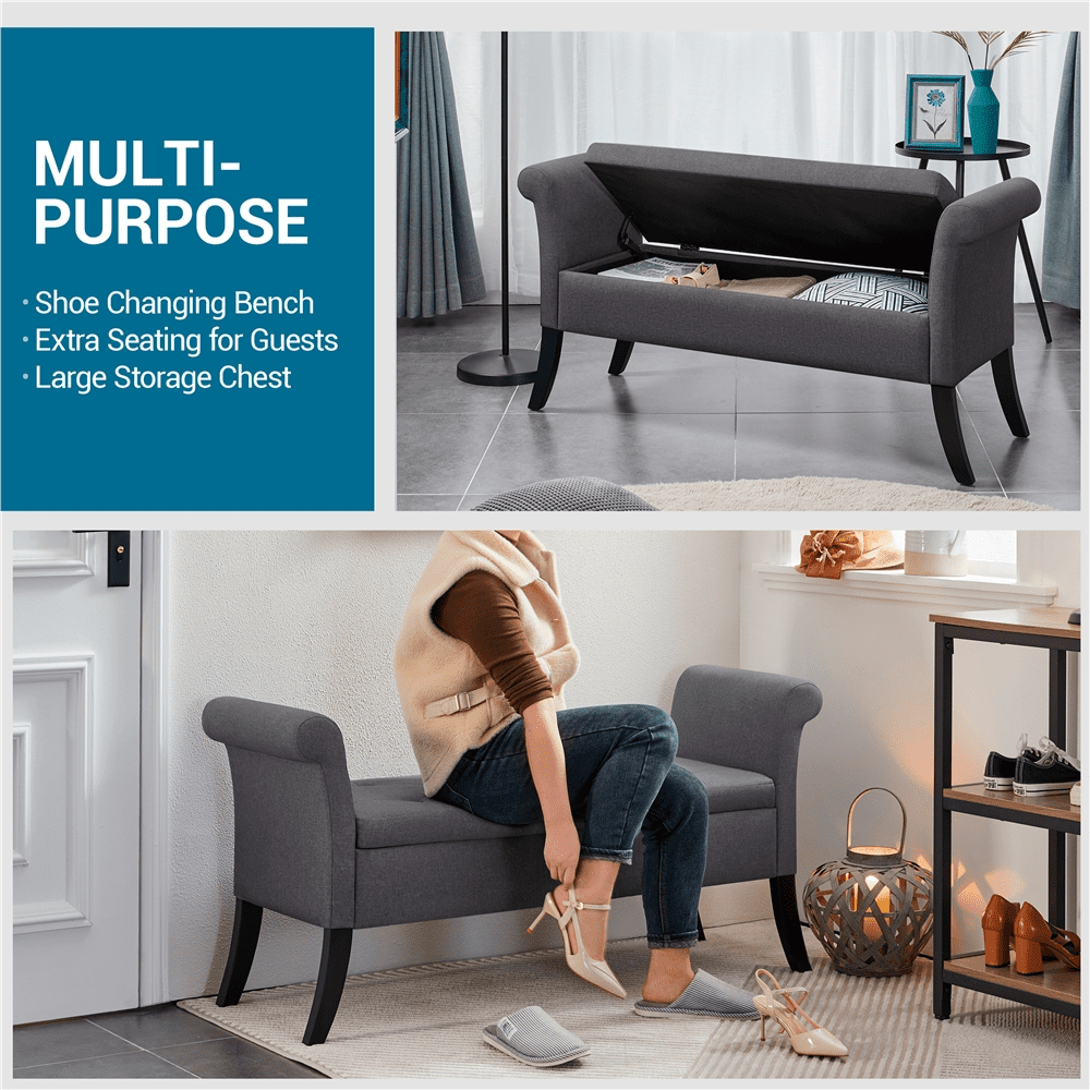 Yaheetech Modern Fabric Tufted Storage Bench Cushioned Ottoman Bench with Rolled Arms, Dark Gray