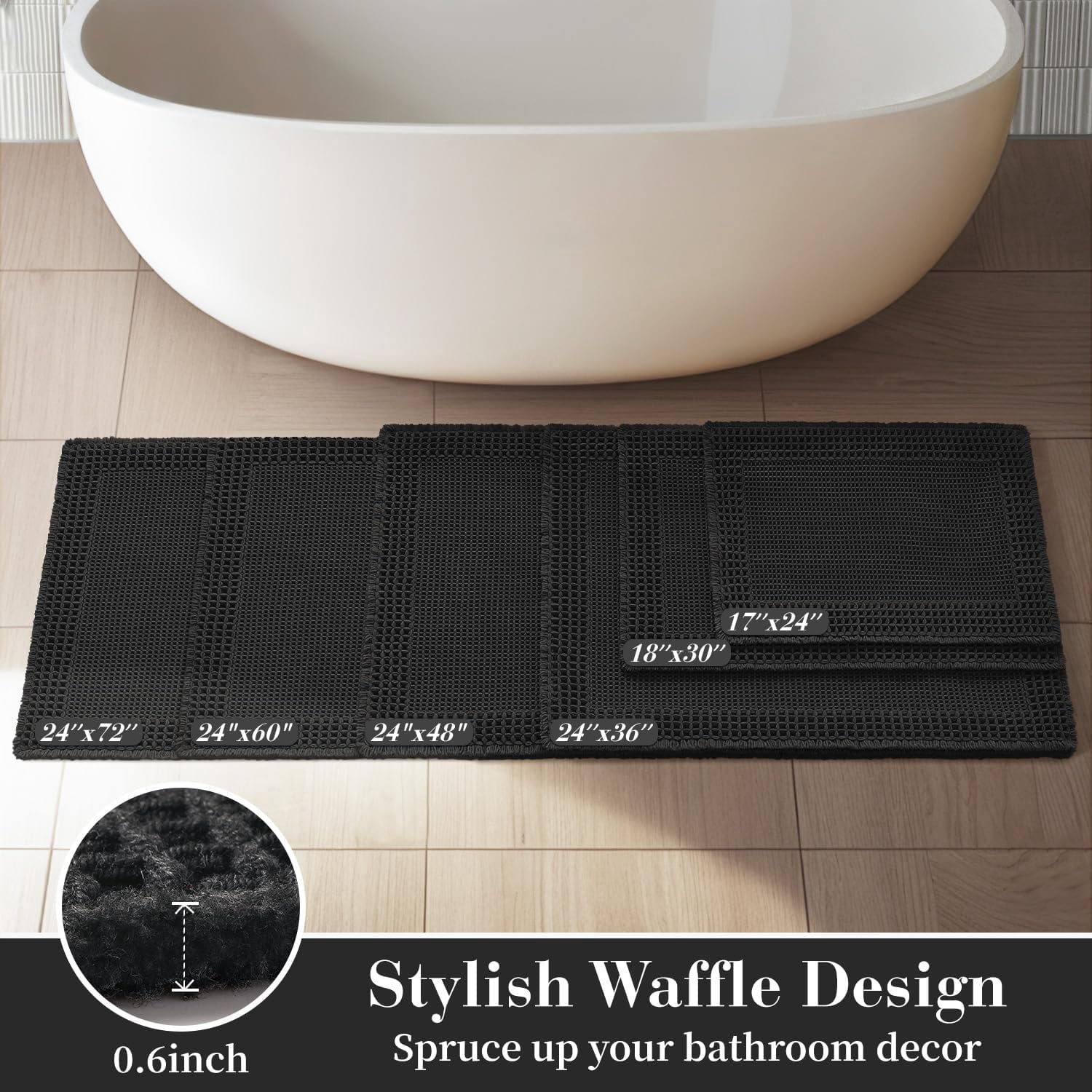 Waffle Bathroom Runner Rugs, Super Absorbent Bath Mat Non Slip Washable Quick Dry, Upgraded Ultra Soft Boho Bath Rugs with Tassels for Hallway Bedroom Laundry Room, 2'x4'(24"x48"), Black