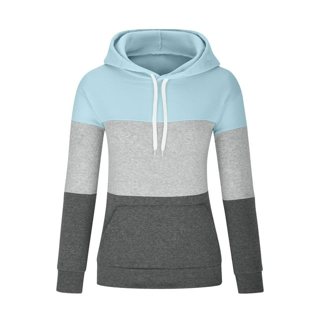 UAMVSH Plus Size Hooded Sweatshirts for Women Casual Long Sleeve Drawstring Tunic Pullover Color Block Hoodie Tops with Pockets(Medium,Light Blue)