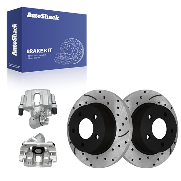 AutoShack Rear Solid Drilled & Slotted E-Coated Brake Rotors   Calipers 4-PC Brake Kit Replacement for 2010-2013 Mazda 3 Sport ShadowGuard 10.43" (265 mm)
