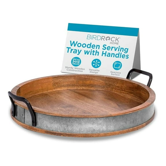 Wooden Serving Tray with Handles - 16 Inch Round Tray for Coffee Table, Kitchen, Breakfast, Cheese Board & Bar - Farmhouse Decor Platter