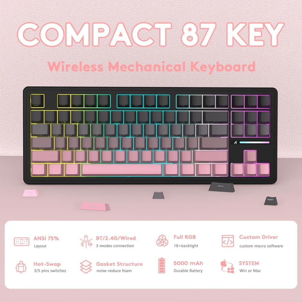 ATTACK SHARK M87PRO Wireless Mechanical Gaming Keyboard,Hot Swappable Gasket RGB Custom Keyboard,Linear Switch&Side Printed PBT Keycaps,BT5.0/2.4Ghz/Type-C,5000mAh Battery for Win Mac,Gradient Pink