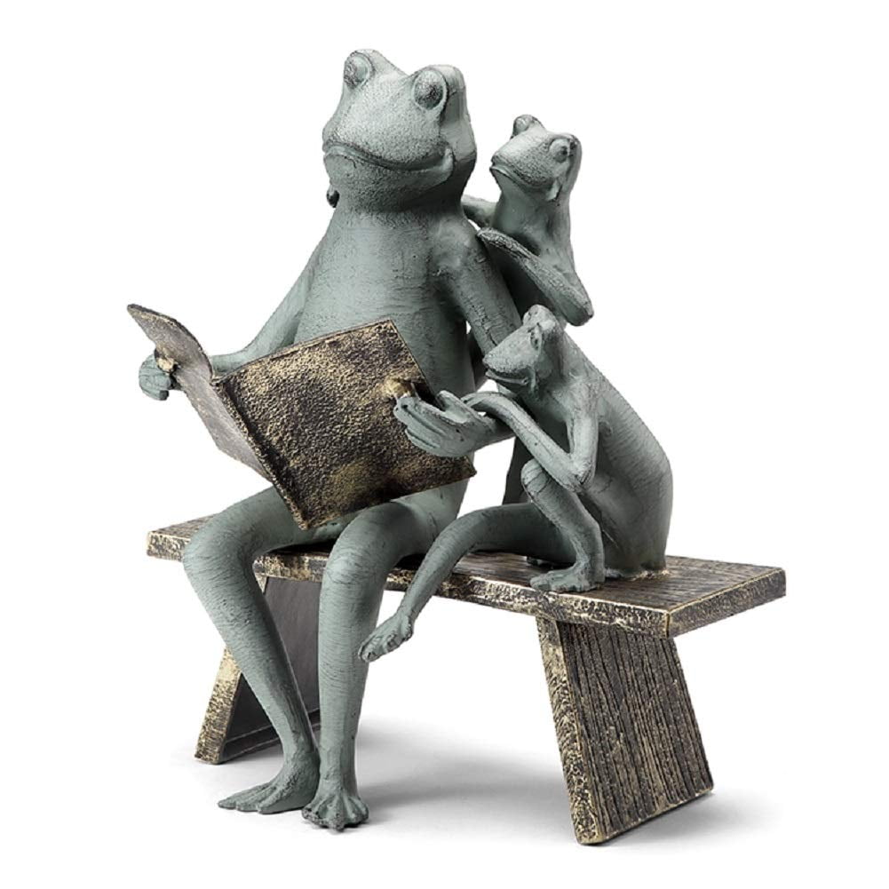 Reading Frog Verdigris Green Metal Family Garden Sculpture