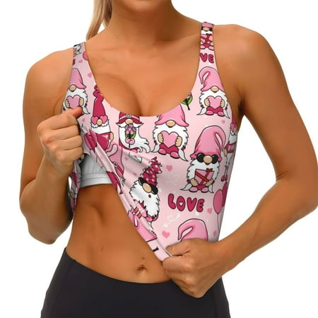 Qokaie Garden Gnomes Pattern Womens Scoop Neck Sports Bra Breathable Workout Vest Padded U Back Medium Impact Fitness Gym Yoga Bra Workout Crop Top
