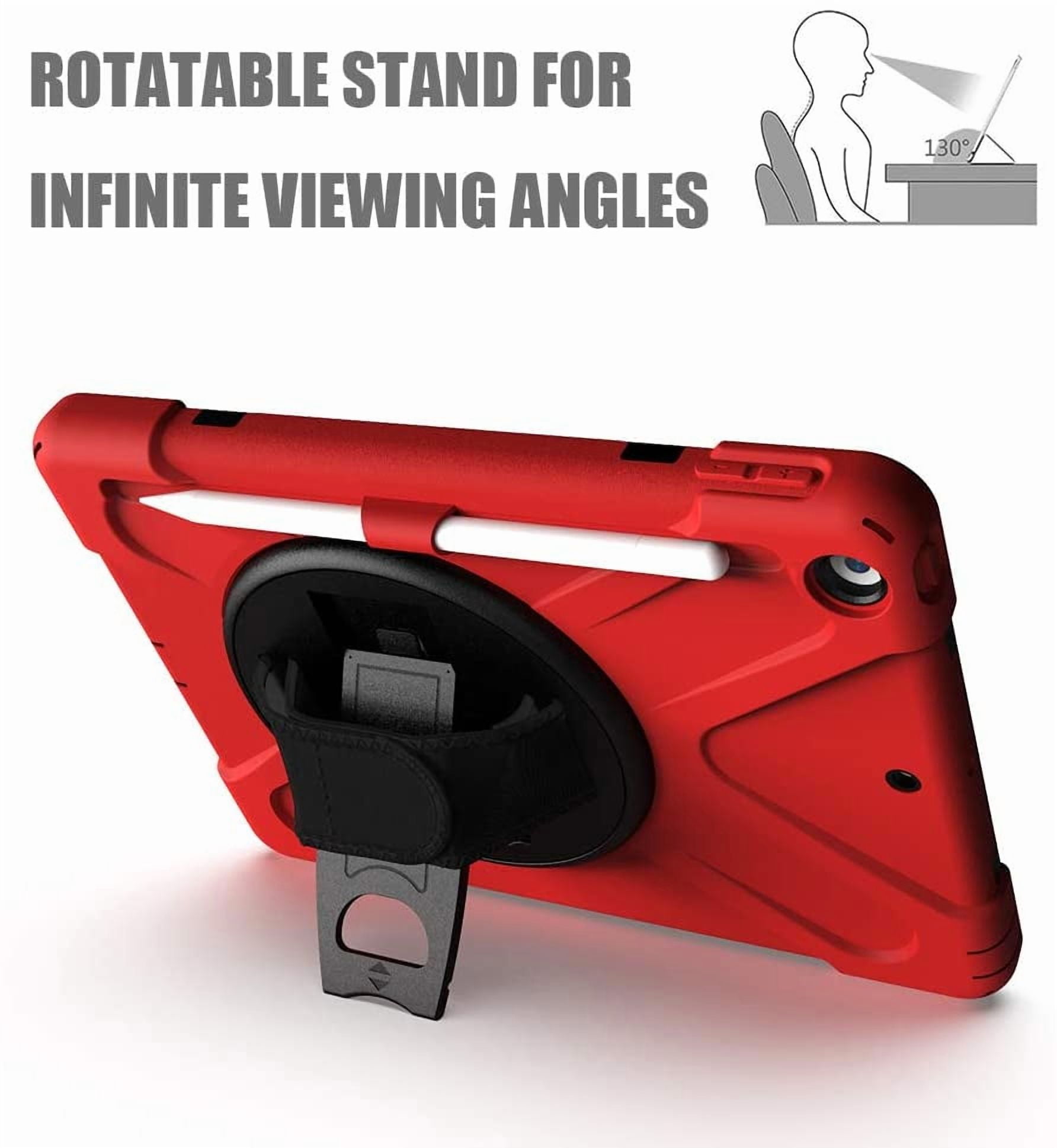ZenRich Shockproof Case for iPad 9th/8th/7th Generation 10.2 inch 2021/2020/2019, Heavy Duty Rugged Case with Pencil Holder/360° Rotating Kickstand/Handle/Carrying Strap, Red