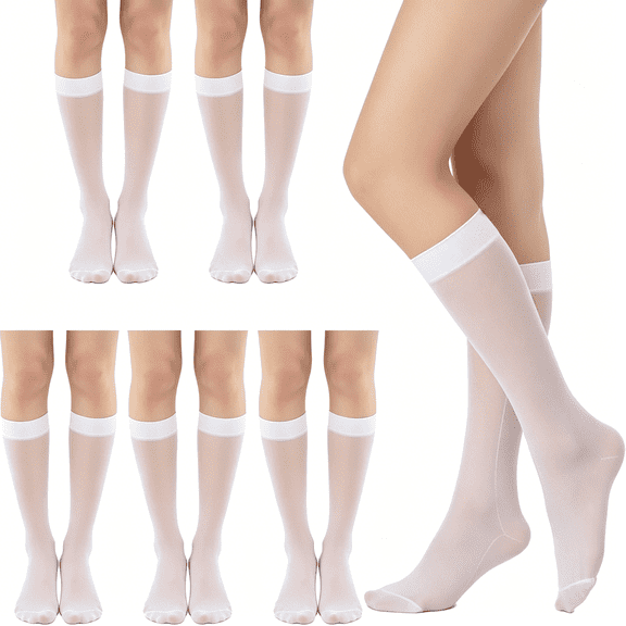 OQRKI 6 Pairs Sheer Knee High Stockings for Women 20 Denier Silky Toes White Knee High Stockings Ultra Stretchable Nylon Trouser Socks over Calf Stocking(One Size)